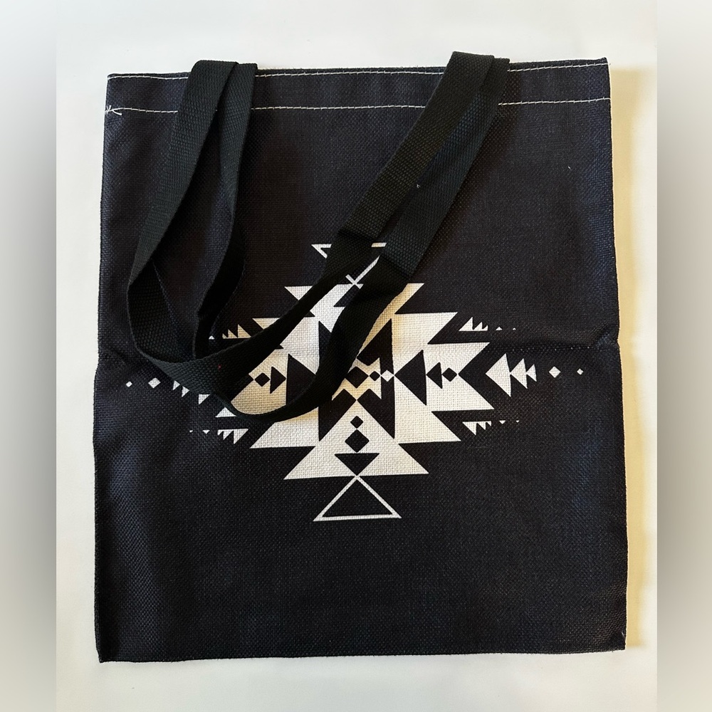 Black Canvas Tote Bag White Geometric Print Reusable Shoulder Bag